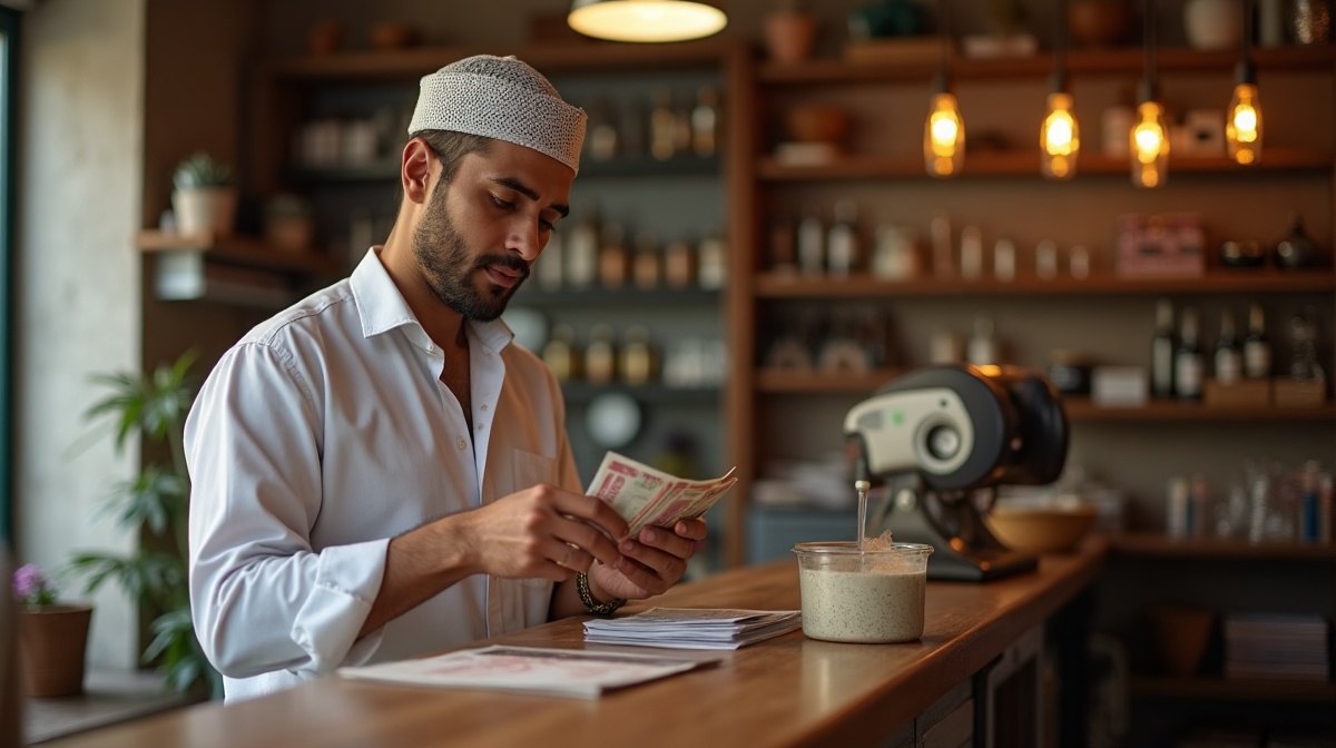 Commerçant marocain comptant des billets de dirhams derrière le comptoir de sa boutique