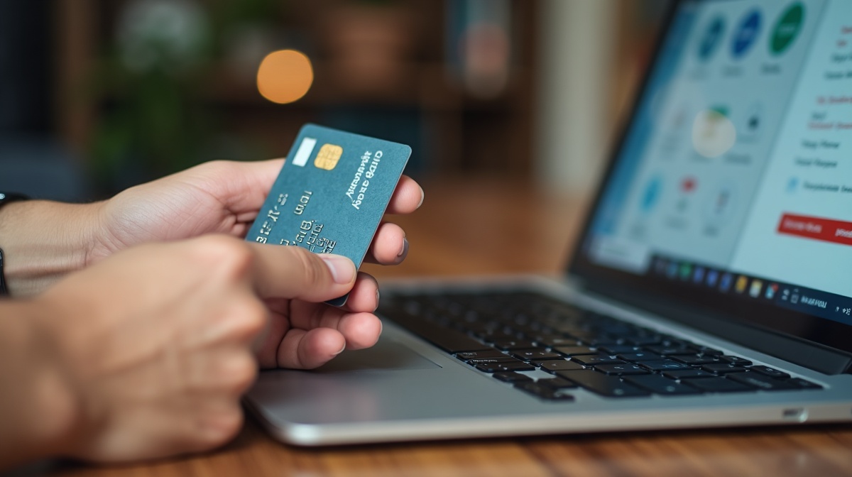 Main tenant une carte bancaire marocaine pour un paiement en ligne sur ordinateur portable