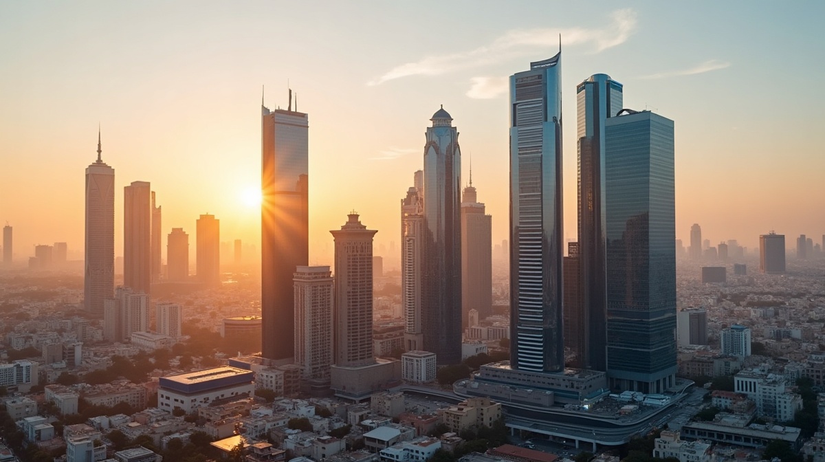 Tours financières de Casablanca Finance City au coucher du soleil