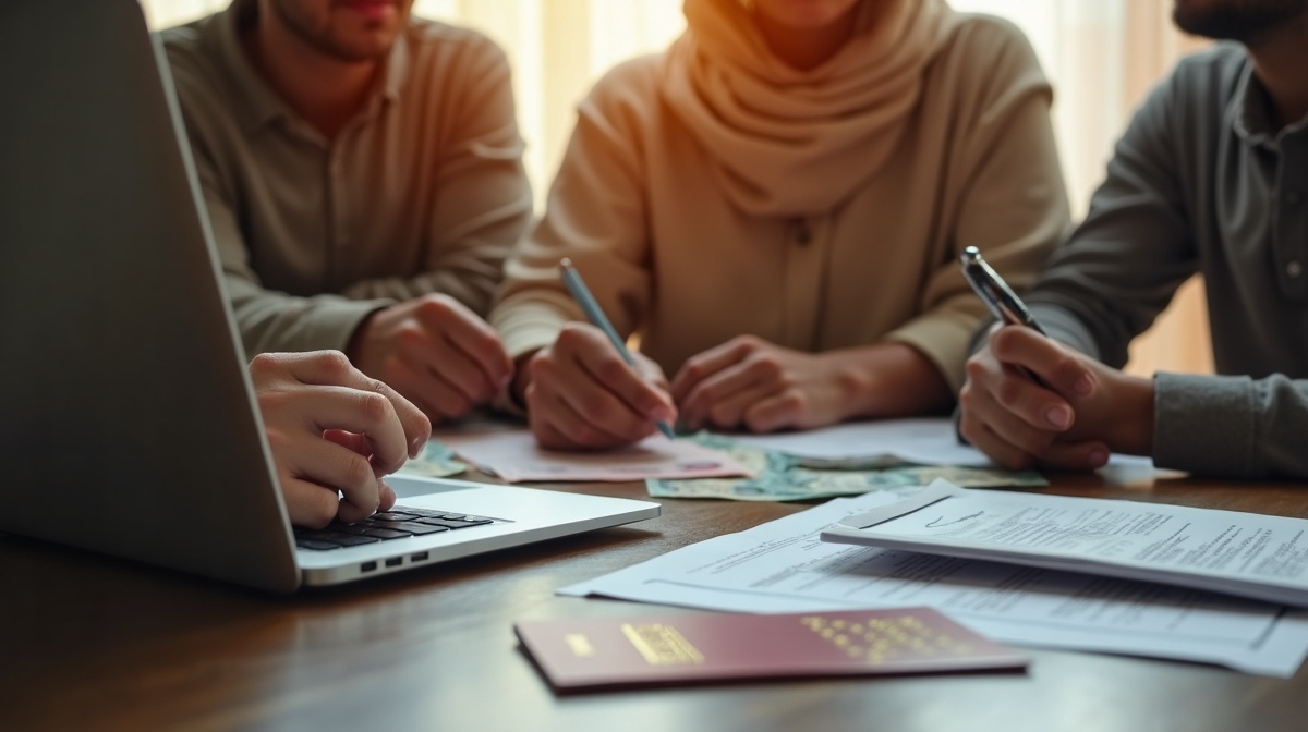 Famille marocaine à l'étranger consultant ses documents fiscaux