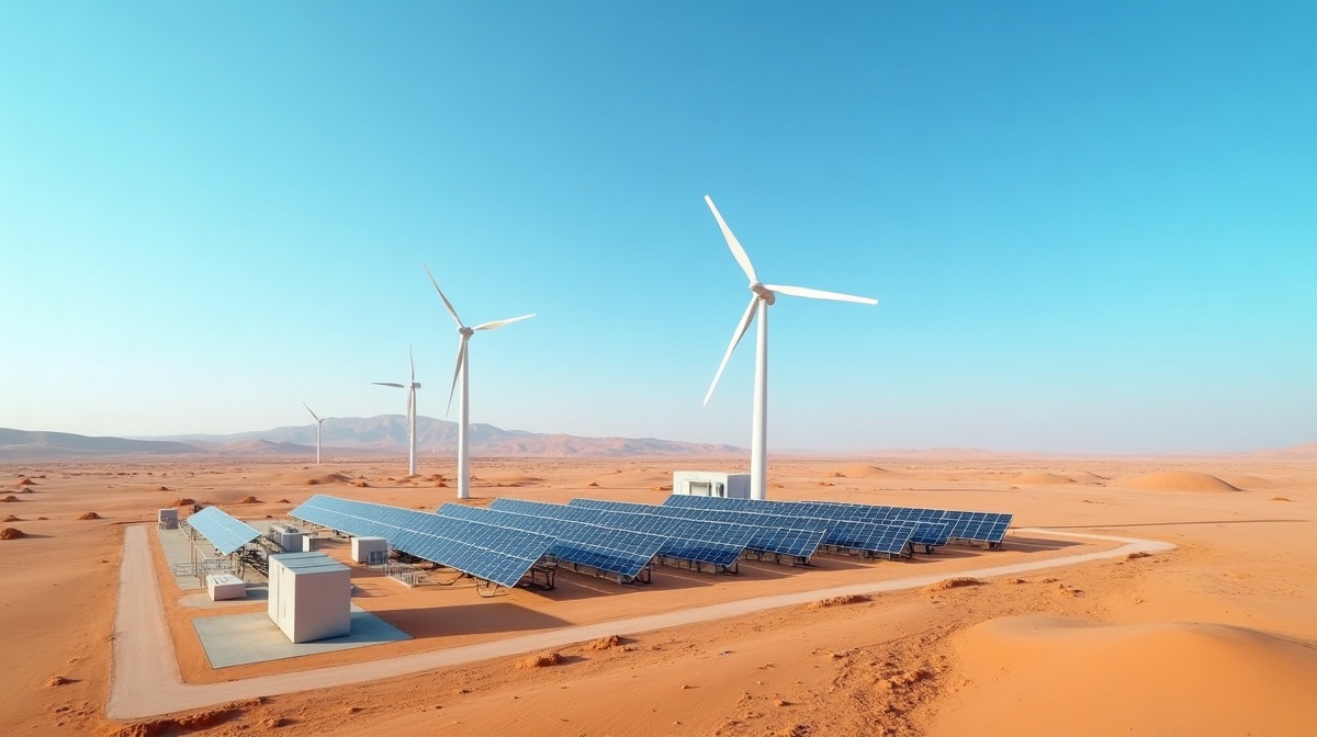 Usine d'hydrogène vert dans le désert marocain avec panneaux solaires et éoliennes