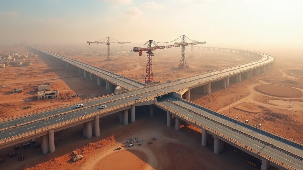 Grand chantier d'infrastructure public au Maroc avec grues et viaduc