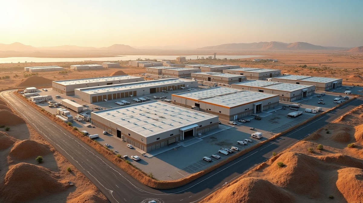 Vue aérienne d'une zone franche industrielle au Maroc avec usines et entrepôts