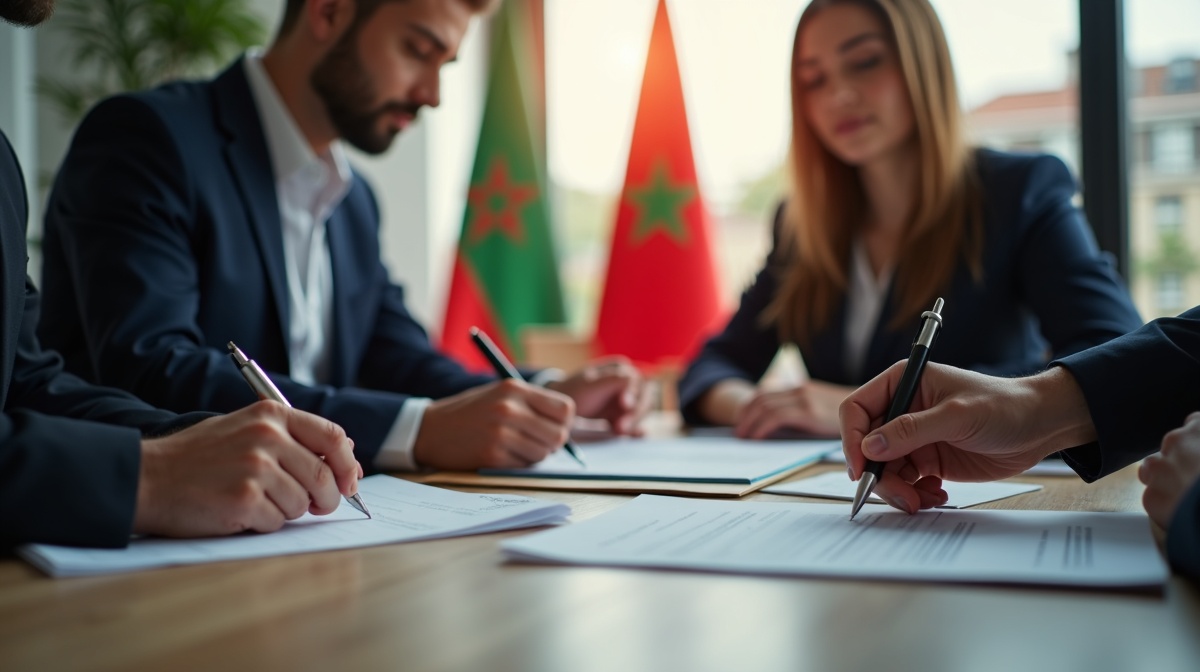 Signature de documents de subvention à l'investissement avec le drapeau du Maroc