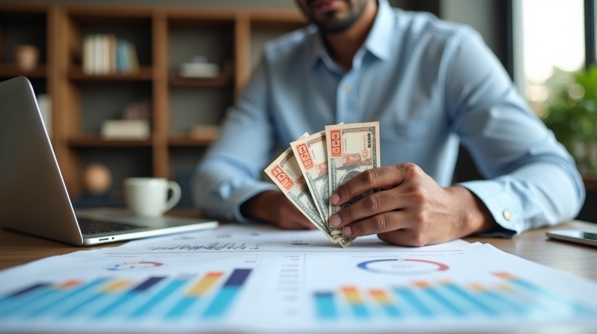 Entrepreneur marocain analysant la rentabilité d'un projet avec des graphiques et des dirhams