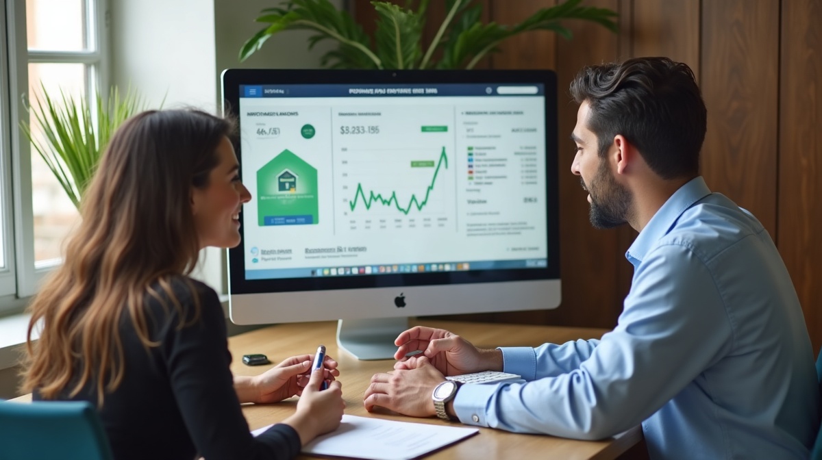 Conseiller bancaire marocain présentant un comparatif de taux immobiliers à un jeune couple